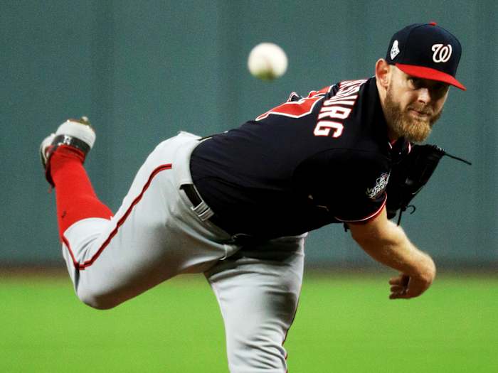 Oct 29, 2019; Houston, TX, USA; Washington Nationals pitcher Stephen Strasburg throws a pitch against the Houston Astros  in the first inning in game six of the 2019 World Series at Minute Maid Park. Mandatory Credit: Mike Ehrmann/Pool Photo via USA TODAY Sports